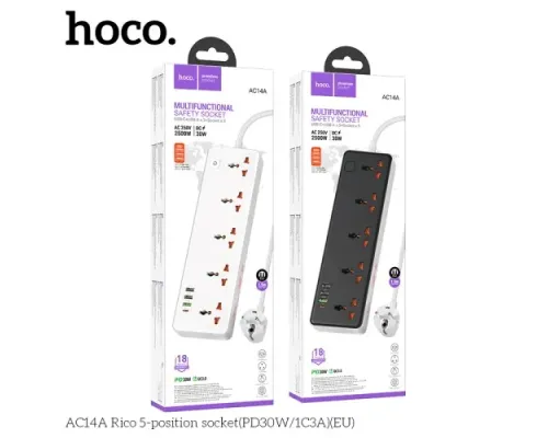 Мережевий подовжувач HOCO AC14A Rico 5-position socket(PD30W/1C3A)(EU) Чорний mag-6942007607179143483