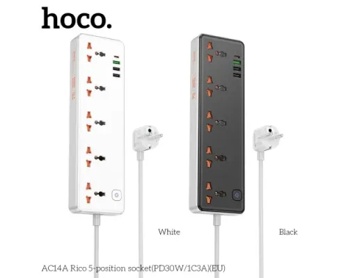 Мережевий подовжувач HOCO AC14A Rico 5-position socket(PD30W/1C3A)(EU) Чорний mag-6942007607179143483