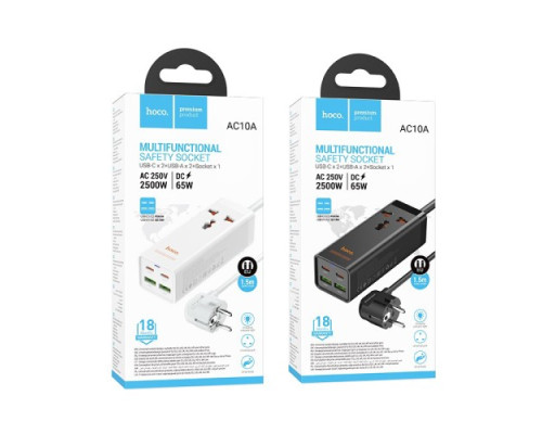 Мережевий подовжувач HOCO AC10A Barry PD65W GaN (2C2A with 1 socket) desktop charger(EU) Білий mag-6942007601689138639