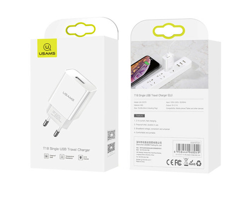 Мережевий зарядний пристрій Usams US-CC075 T18 Single USB Travel Charger (EU) White