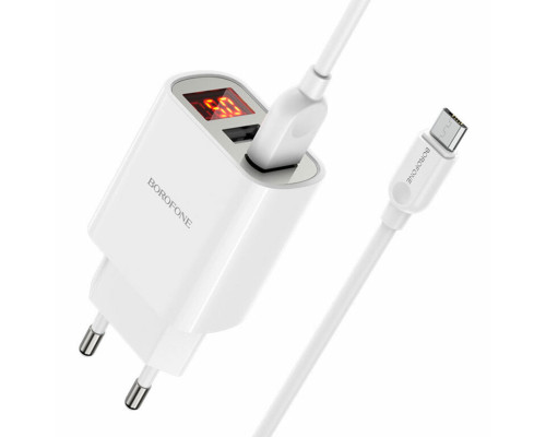 Мережевий зарядний пристрій BOROFONE BA58A Mighty dual port digital display charger set(Micro)White