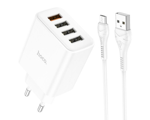 Мережевий зарядний пристрій HOCO C102A Fuerza QC3.0 four-port charger set(Micro) 18W White