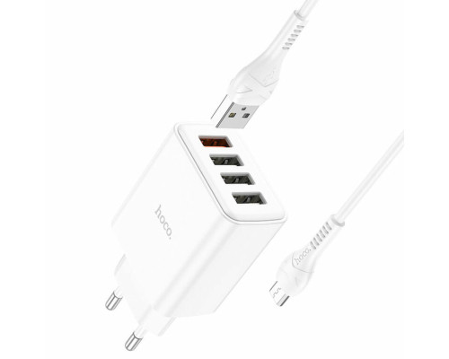 Мережевий зарядний пристрій HOCO C102A Fuerza QC3.0 four-port charger set(Micro) 18W White