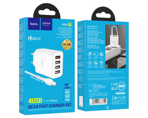 Мережевий зарядний пристрій HOCO C102A Fuerza QC3.0 four-port charger set(Type-C) White