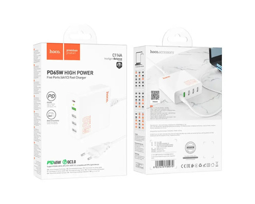 Мережевий зарядний пристрій HOCO C114A Vision PD65W five-port(1C4A) charger White