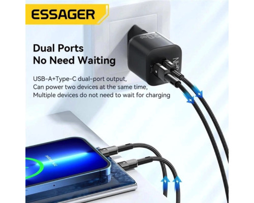 Мережевий зарядний пристрій Essager Camber 20W GaN travel Phone Charger A+C EU black (ECTAC-HMB01-P)