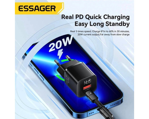 Мережевий зарядний пристрій Essager Camber 20W GaN travel Phone Charger A+C EU black (ECTAC-HMB01-P)