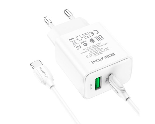 Мережевий зарядний пристрій BOROFONE BA67A PD20W+QC3.0 charger set(Type-C to Type-C) White