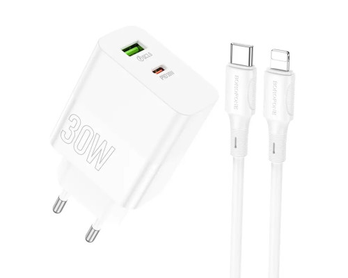 Мережевий зарядний пристрій BOROFONE BA75A Powerful dual port PD30W+QC3.0 charger set(C to iP) White