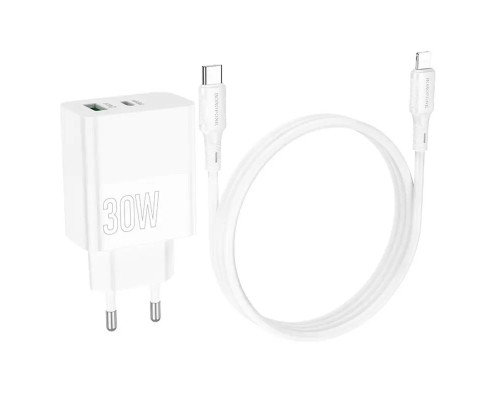 Мережевий зарядний пристрій BOROFONE BA75A Powerful dual port PD30W+QC3.0 charger set(C to iP) White