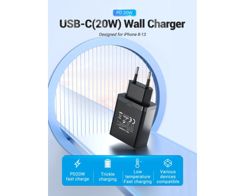 Зарядний пристрій Vention 1-port USB-C Wall Charger(20W) EU-Plug Black (FADB0-EU)