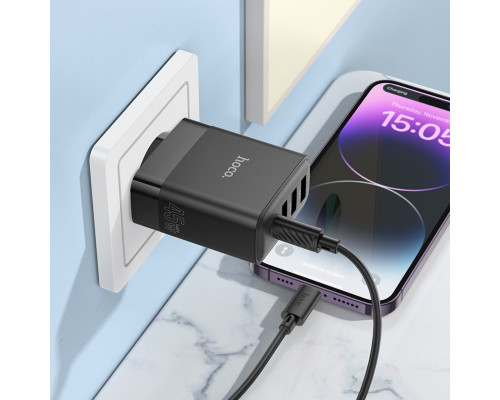 Мережевий зарядний пристрій HOCO C127A Intelligent four-port PD45W(1C3A) charger set(C to iP) Black