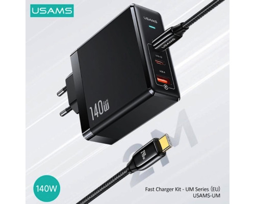 Мережевий зарядний пристрій Usams US-UM Fast Charger Kit-UM Series US-CC168 EU T52 140 W ACC GaN Fast Charger+US-SJ581 U82 Type-C To Type-C 240W PD3.