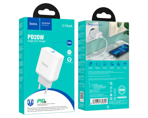 Мережевий зарядний пристрій HOCO C104A Stage single port PD20W charger White