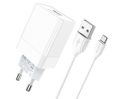 Мережевий зарядний пристрій BOROFONE BA47A Mighty speed single port QC3.0 3A + Micro-USB cable 18W White