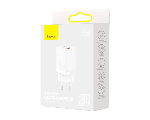 Мережевий зарядний пристрій Baseus Super Si Pro Quick Charger C+U 30W EU White