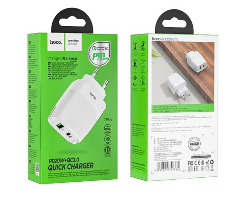 Мережевий зарядний пристрій HOCO C85A Bright dual port PD20W+QC3.0 charger White