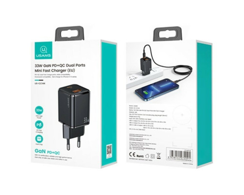 МЗП Usams US-CC144 T43 33W Dual Ports GaN Mini Fast 1A+1C Charger (EU) Black