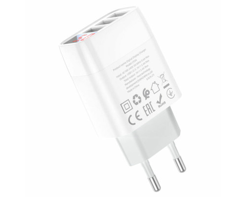 Мережевий зарядний пристрій HOCO C93A Easy charge 3-port digital display charger White