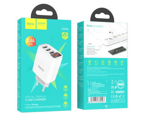 Мережевий зарядний пристрій HOCO C93A Easy charge 3-port digital display charger White