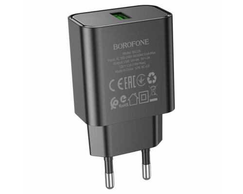 Мережевий зарядний пристрій BOROFONE BA72A Spring single port QC3.0 charger Black