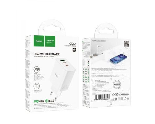 Мережевий зарядний пристрій HOCO C126A Pure power PD40W three-port(2C1A) charger White