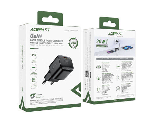 Мережевий зарядний пристрій ACEFAST A73 mini PD20W GaN USB-C charger Black