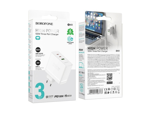 Мережевий зарядний пристрій BOROFONE BN11 Imperial PD100W three-port(2C1A) charger White