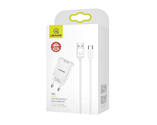 МЗП Usams T21 Charger kit T18 single USB EU charger +Uturn Type-C cable White