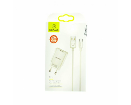 МЗП Usams T21 Charger kit T18 single USB EU charger +Uturn Type-C cable White