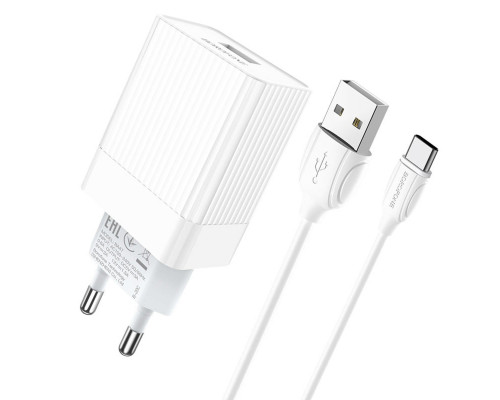 Мережевий зарядний пристрій BOROFONE BA47A Mighty speed single port QC3.0 3A + Type-C cable 18W White