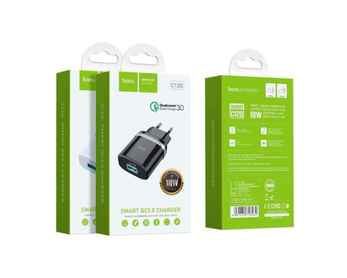 Мережевий зарядний пристрій HOCO C12Q Smart QC3.0 charger 18W Black