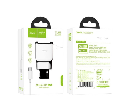 Мережевий зарядний пристрій HOCO C59A Mega joy double port charger for Type-C White