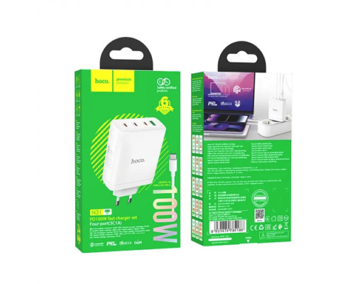 Мережевий зарядний пристрій HOCO N31 Leader PD100W four-port(3C1A) fast charger set(Type-C to Type-C) White