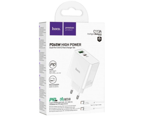 Мережевий зарядний пристрій HOCO C113A Awesome PD65W dual port(1A1C) charger White