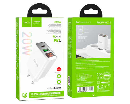 Мережевий зарядний пристрій HOCO C100A PD20W+QC3.0 charger with digital display White