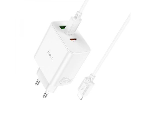 Мережевий зарядний пристрій HOCO C126A Pure power PD40W three-port(2C1A) charger set(C to iP) White