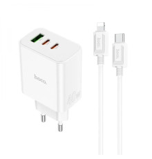 Мережевий зарядний пристрій HOCO C126A Pure power PD40W three-port(2C1A) charger set(C to iP) White