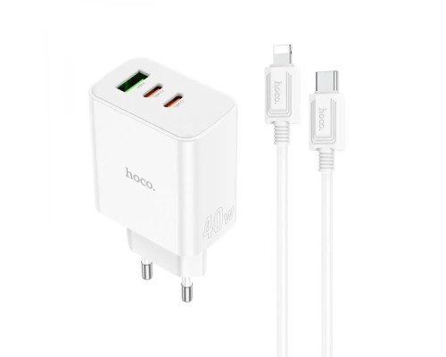 Мережевий зарядний пристрій HOCO C126A Pure power PD40W three-port(2C1A) charger set(C to iP) White