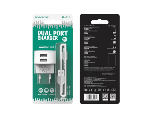 Мережевий зарядний пристрій BOROFONE BA23A Brilliant dual port charger set(Micro) White