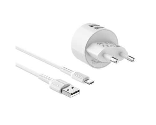 Мережевий зарядний пристрій BOROFONE BA23A Brilliant dual port charger set(Micro) White