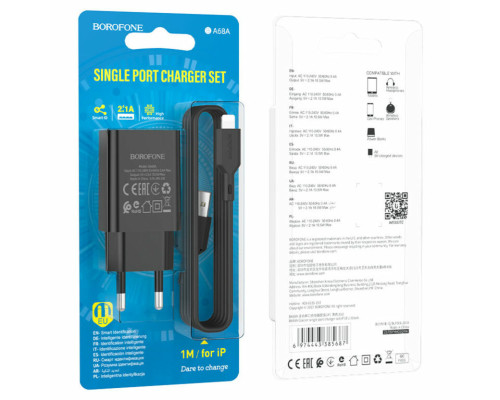 Мережевий зарядний пристрій BOROFONE BA68A Glacier single port charger set(iP) Black