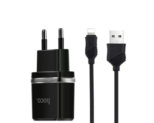 Мережевий зарядний пристрій HOCO C12 Smart dual USB (iP cable)charger set Black