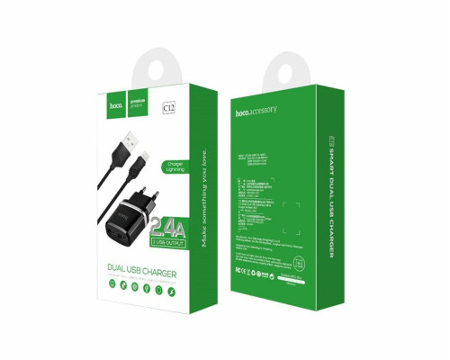 Мережевий зарядний пристрій HOCO C12 Smart dual USB (iP cable)charger set Black