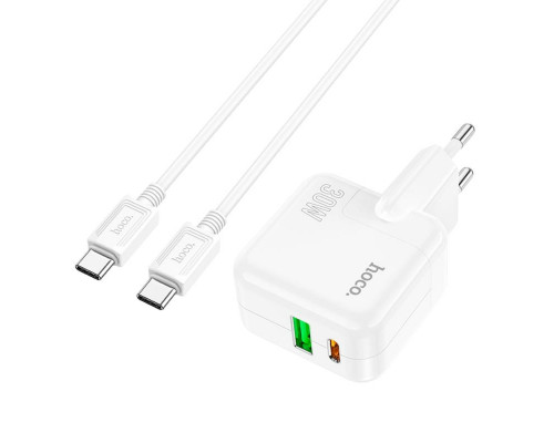 Мережевий зарядний пристрій HOCO C111A Lucky dual-port PD30W+QC3.0 charger set(Type-C to Type-C) White