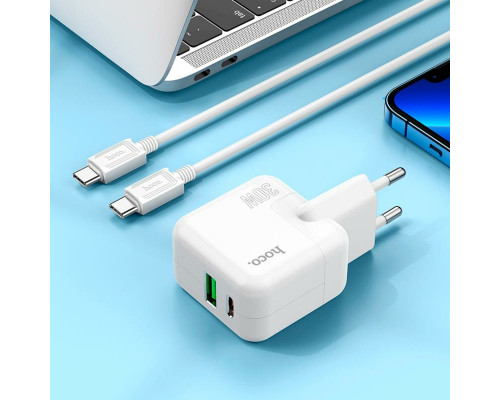 Мережевий зарядний пристрій HOCO C111A Lucky dual-port PD30W+QC3.0 charger set(Type-C to Type-C) White