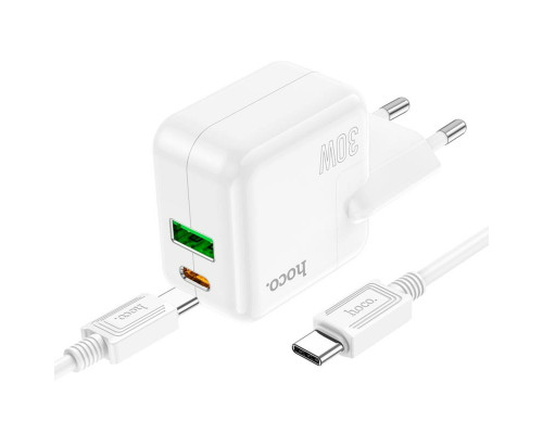 Мережевий зарядний пристрій HOCO C111A Lucky dual-port PD30W+QC3.0 charger set(Type-C to Type-C) White