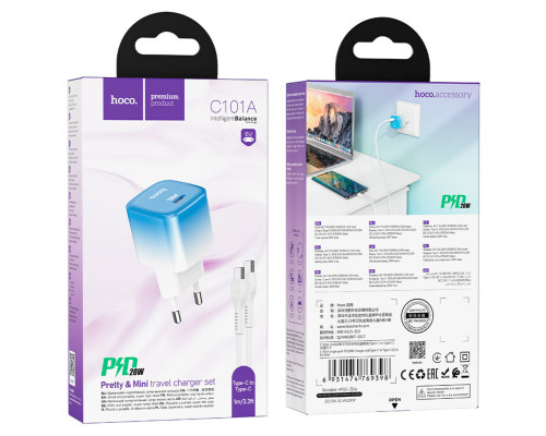 Мережевий зарядний пристрій HOCO C101A single port PD20W charger set(Type-C to Type-C) Ice Blue