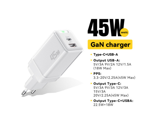 Мережевий зарядний пристрій Essager Zhiqi 45W GaN Travel Charger A+C EU white (ECTCA-ZQB02-Z)