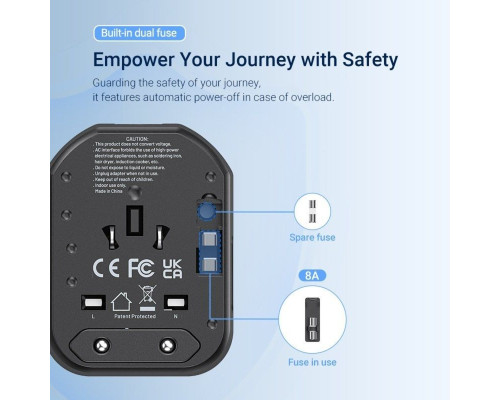 Зарядний пристрій Vention 3-Port USB (C + A + A) Universal Travel Adapter (20W/18W/18W) Black (FJCB0)